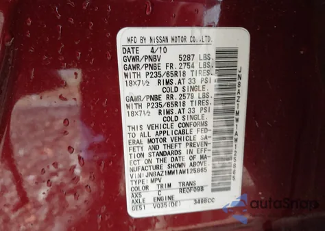 2010 Nissan Murano Sl из США, поврежденный, VIN JN8AZ1MW1AW125865